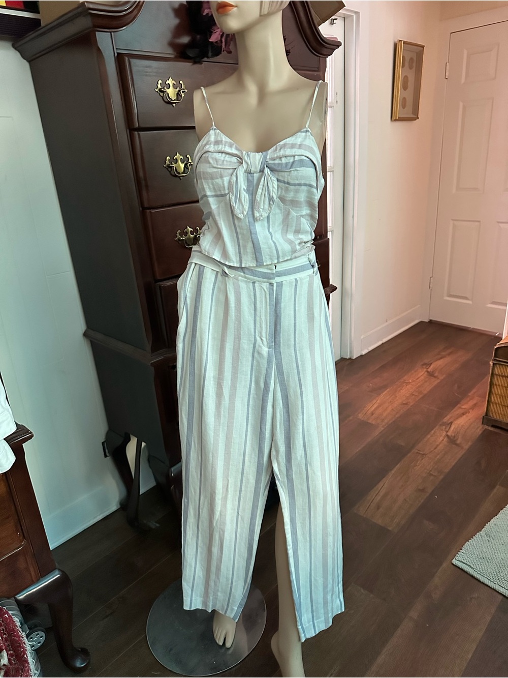 Express White and Light Blue Striped Wide-Leg Jumpsuit with Front Tie